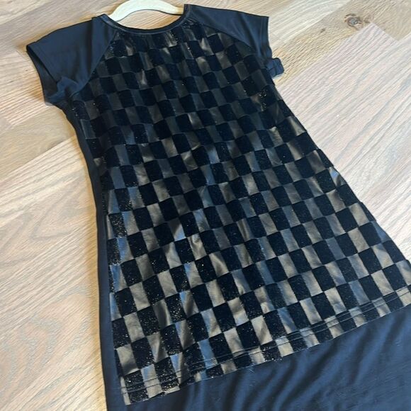 Girls Black Faux Leather and Fur Checkered Dress Size 8 - Picture 2 of 6